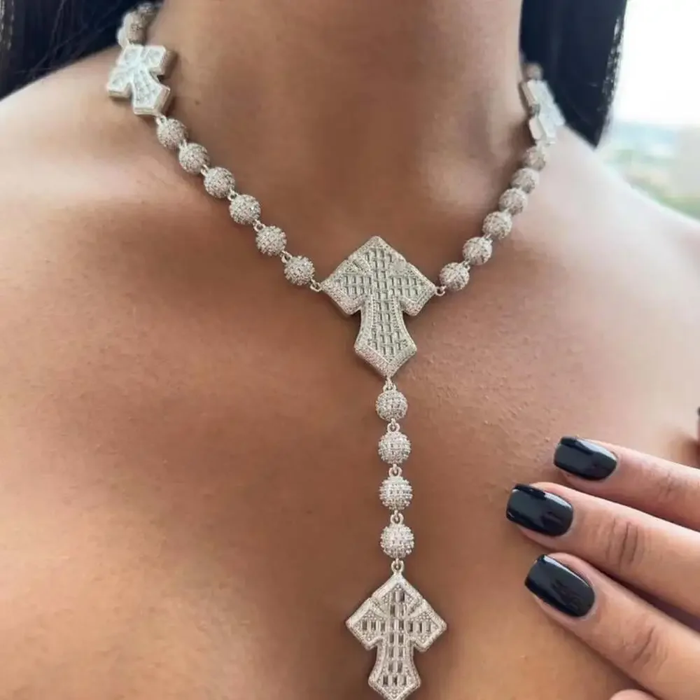 Silver Triple Cross Rosary Necklace 5 Ab 7